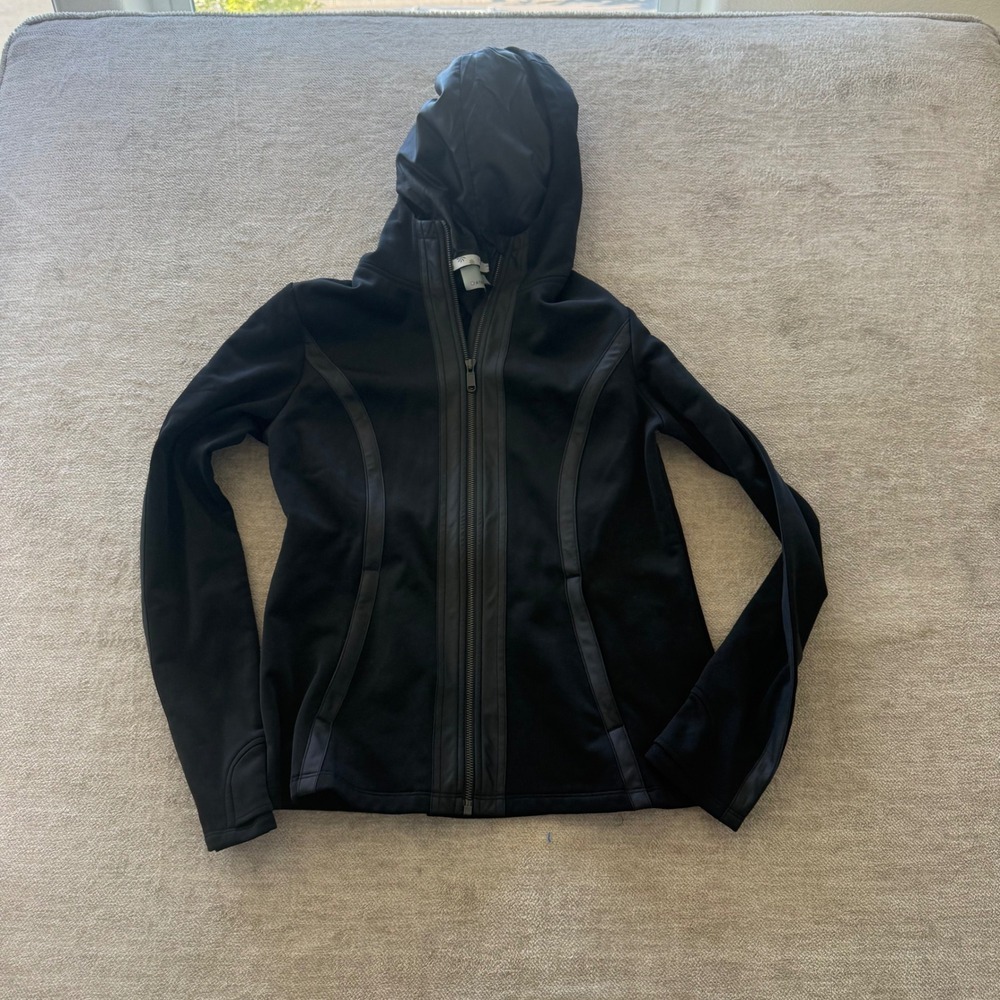 Athleta Womens Black Full Zip Hooded Jacket Thumbholes Woven Trim Size L